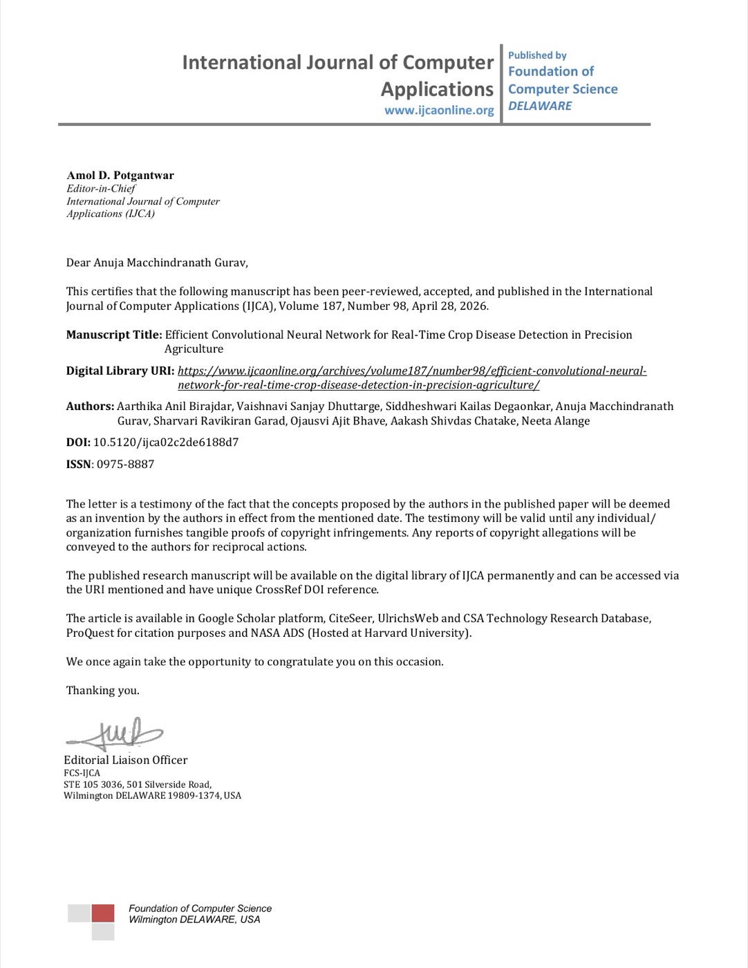 IJCA letter confirming Anuja Gurav's co-authorship and publication
